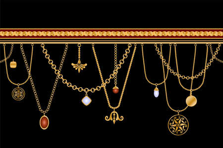 pattern decorated with precious stones, gold chains and pearls.のイラスト素材
