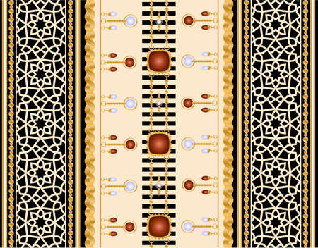 pattern decorated with precious stones, gold chains and pearls.のイラスト素材