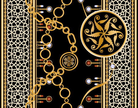 pattern decorated with precious stones, gold chains and pearls.のイラスト素材