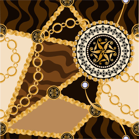 pattern decorated with precious stones, gold chains and pearls.
