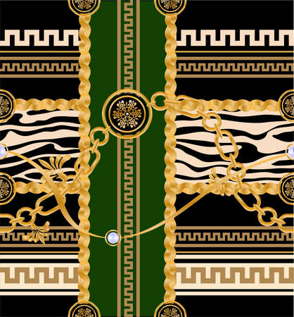 pattern decorated with precious stones, gold chains and pearls.のイラスト素材