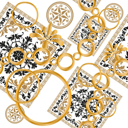 pattern decorated with precious stones, gold chains and pearls.