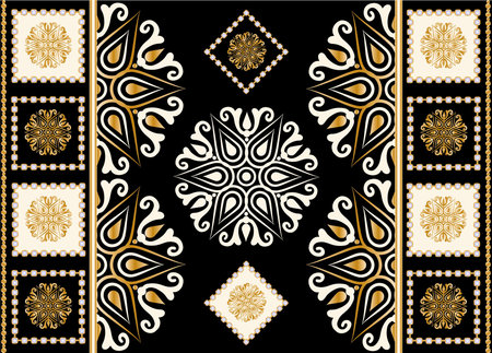 Seamless pattern decorated with precious stones, gold chains and pearls.