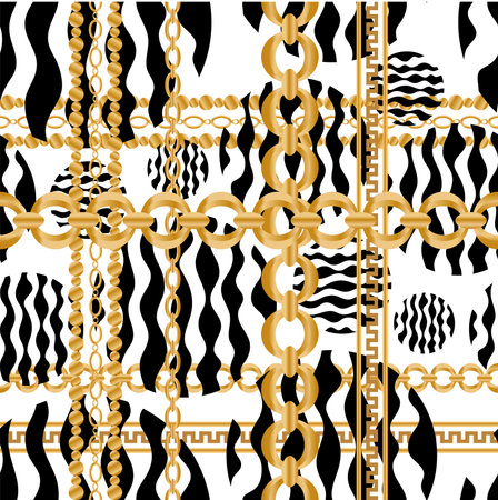 Seamless pattern decorated with precious stones, gold chains and pearls.