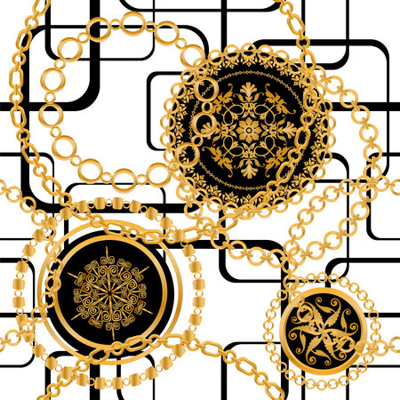 Seamless pattern decorated with precious stones, gold chains and pearls.のイラスト素材