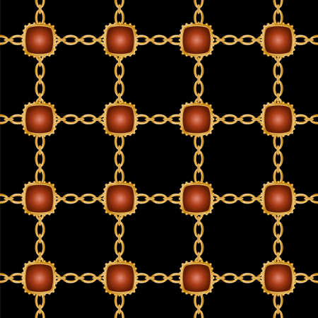 Seamless pattern decorated with precious stones, gold chains and pearls.のイラスト素材