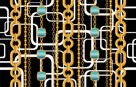 Seamless pattern decorated with precious stones, gold chains and pearls.