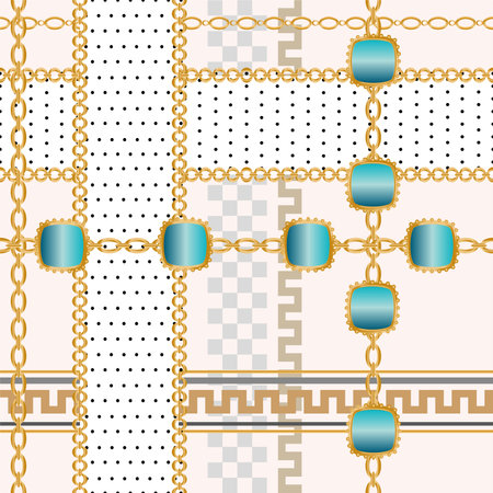 Seamless pattern decorated with precious stones, gold chains and pearls.のイラスト素材