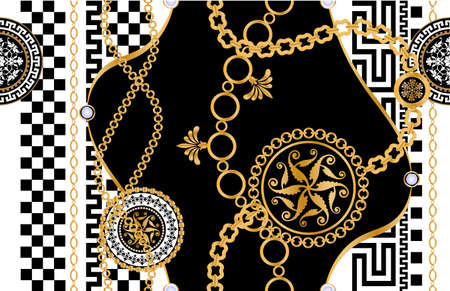 Seamless pattern decorated with precious stones, gold chains and pearls.のイラスト素材