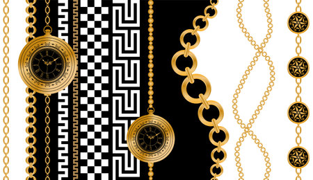Seamless pattern decorated with precious stones, gold chains and pearls.のイラスト素材