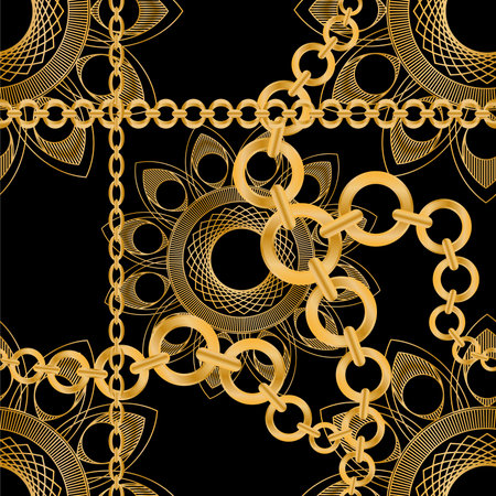 Seamless pattern decorated with precious stones, gold chains and pearls.
