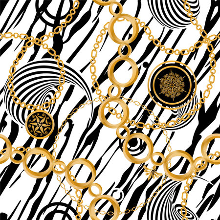 Golden chains and chains on zebra print seamless pattern. vector illustration.のイラスト素材