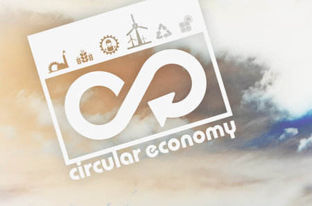 The word cctv against blue sky with white clouds and wind turbinesの写真素材