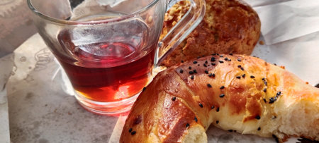 Coffee and croissants on the table. selective focus