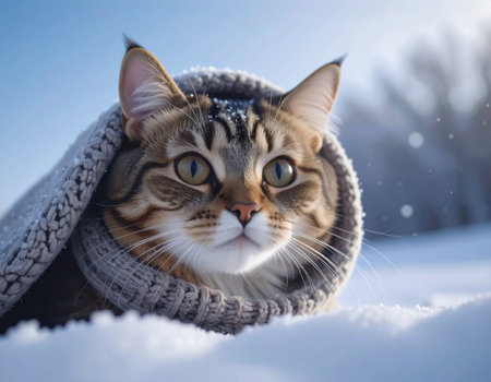 Beautiful tabby cat wearing a warm scarf on the snow in winterの素材
