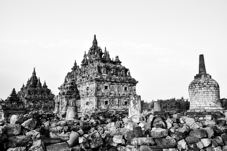 Black and white ruins of traditional old heritage stone medieval temple in East Asia in an archaeological complexの写真素材