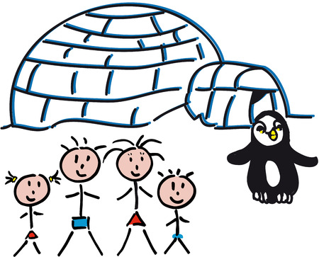 drawing of an igloo with penguins, panorama with familyのイラスト素材