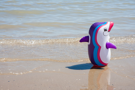whale dolphin colored inflatable on the beach by the seaの写真素材