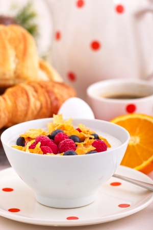 A plate with fruit curd, cornflakes and fresh raspberries and bilberries in the background croissant, egg, coffee and halved orangeの写真素材