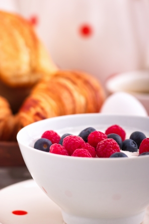 A plate with fruit curd and fresh raspberries and bilberries on a breakfast tableの写真素材
