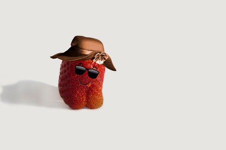Funny strawberries in a hat and sunglasses going to the beach