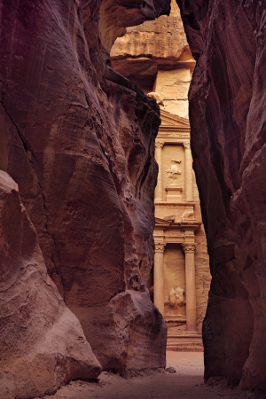 Treasury  in vertical position, picture taken inside of Siq, City of Petra, Jordanの写真素材