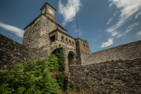 View of Clock tower located in Fortress of old town Gjirokastraのeditorial素材