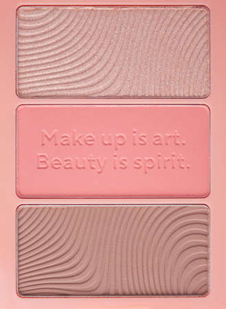 Set of nude pink and peach color eyeshadow in a palette isolated on white background. Highlighter and eyeshadows. Makeup product. Make-Up refill in macro. Close upの写真素材