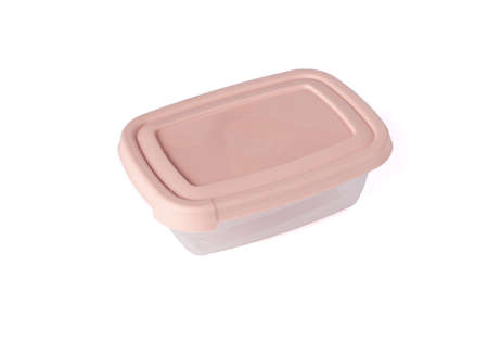 Plastic food storage container with pink lid isolated on white background. Food box for lunch. Close upの写真素材