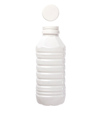 Open white plastic bottle for milk or yogurt with cap isolated on white background. packaging of dairy products. Plastic bottle without a label for mock up.の写真素材