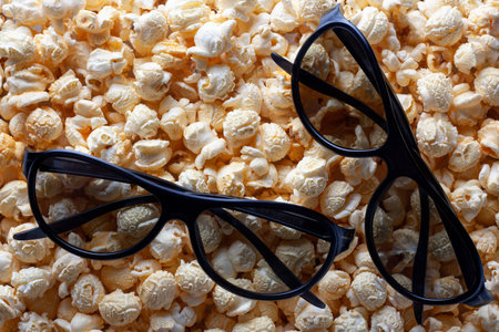 3 D glasses lie at cheesy popcorn background. Glasses for 3D movieの写真素材
