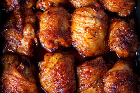 Roasted chicken thighs background. Baked chicken parts lies on flat surface and fill the whole frame...