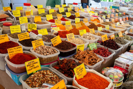 spices on the market. Trading exotic spices for cooking food on Turkish bazaar. multicolored showcase. Turkey, Turunc - September 13, 2021のeditorial素材