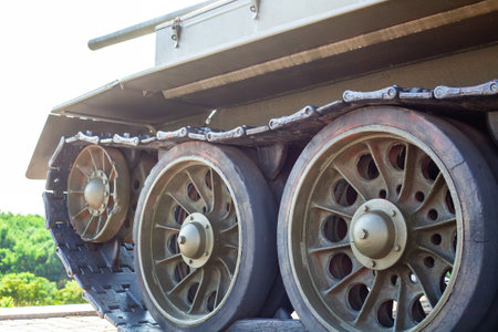Tracks of the tank close up view. Heavy metal track chassis of soviet tank. Kharkiv, Ukraine - August 23. 2021のeditorial素材
