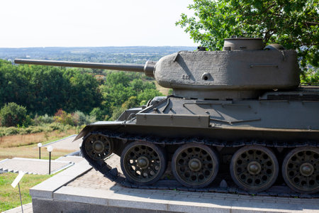 soviet tank from the second world war T-34-85. Medium tank in open air museum. Marshal Konev Height. Old military vehicle. Kharkiv, Ukraine - August 23, 2021のeditorial素材