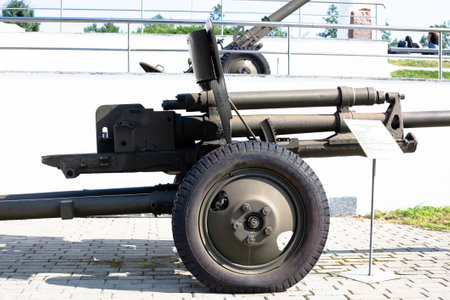 Artillery gun from World War II in open air museum. The Marshal Konev Height Memorial. Side view and close up. Ukraine, Kharkov - August 23. 2021のeditorial素材