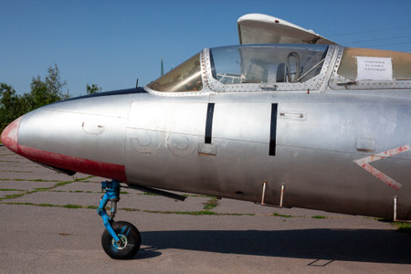 Training airplane jet Aero L-29 Delfin produced in Czechoslovakia exhibited in the second world war museum. Kharkiv, Ukraine - August 23. 2021のeditorial素材