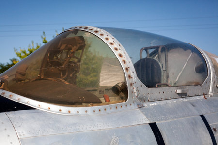 Aircraft cockpit of airplane jet Aero L-29 Delfin produced in Czechoslovakia exhibited in the second world war museum. Kharkiv, Ukraine - August 23. 2021のeditorial素材