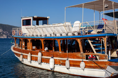 Moored pleasure yacht for travel by Mediterranian sea. Turunc, Turkey - September 4. 2021のeditorial素材