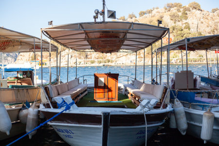 Moored pleasure yacht for travel by Mediterranian sea. Turunc, Turkey - September 4. 2021のeditorial素材