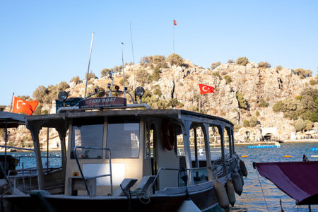 Moored pleasure yacht for travel by Mediterranian sea. Turunc, Turkey - September 4. 2021