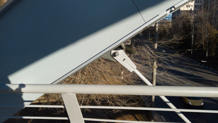 Steel beam of pedestrian bridge with steel cable. Girder bridge close up.の写真素材
