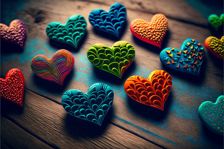 Background with multi-colored hearts on wooden table. Valentine day concept. Generative AIの素材