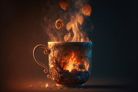 Coffee cup with splashes and flames of coffee and milk. Hot drink concept. Generative AIの素材
