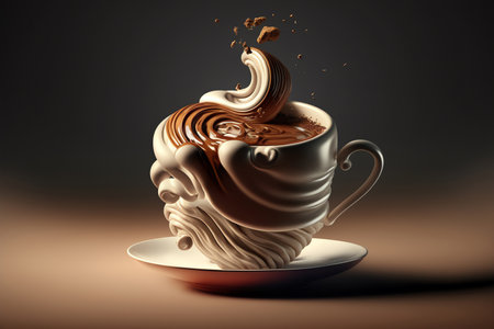 White coffee cup made by cream and hot chocolate. Creamy coffee concept. Generative AIの素材