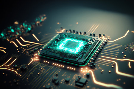 Electronic circuit board close up. Glowing microchip in macro. Futuristic circuit concept. Generative AIの素材