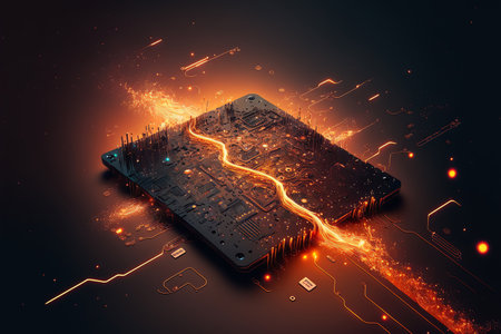 Electronic circuit board close up. Glowing microchip in macro. Futuristic circuit concept. Generative AIの素材
