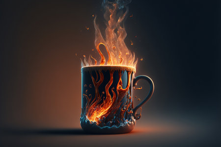 Coffee cup with splashes and flames of coffee and milk. Hot drink concept. Generative AIの素材