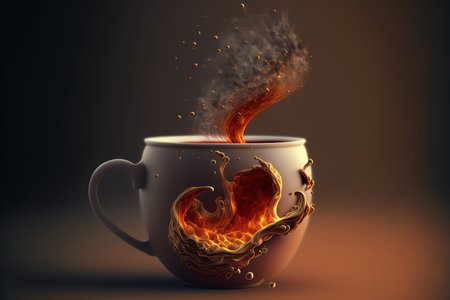 Coffee cup with splashes and flames of coffee and milk. Hot drink concept. Generative AIの素材