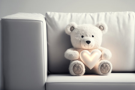 Teddy bear holding a heart. Teddy Bear sitting on white sofa. Generative AIの素材
